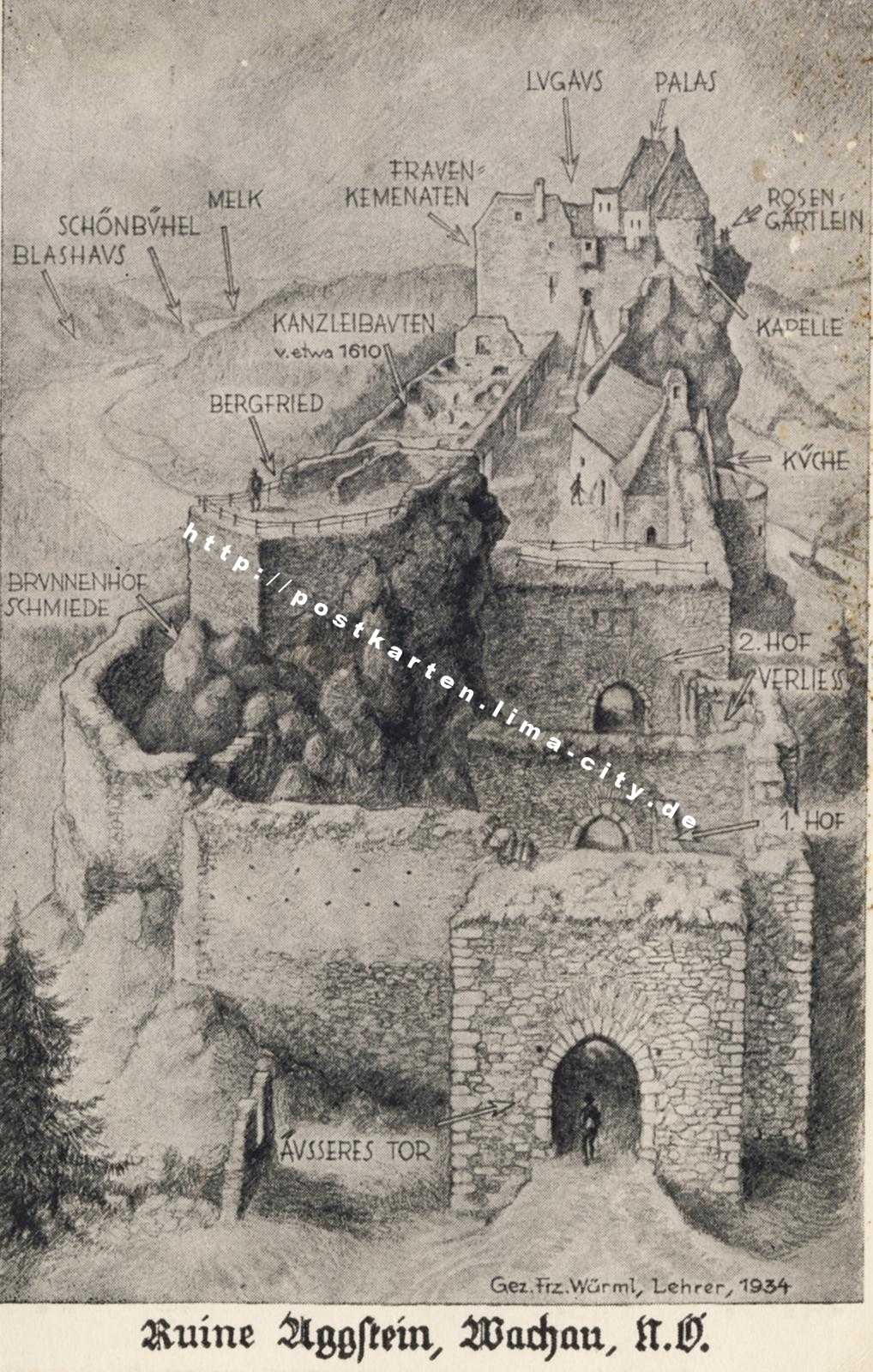 Schematische Ansicht der Burgruine Aggstein 1934